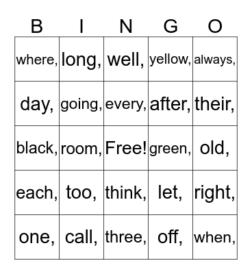 Unit 4 Sight Words Bingo Card