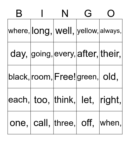 Unit 4 Sight Words Bingo Card