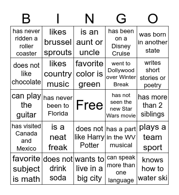 Getting to Know You! Bingo Card