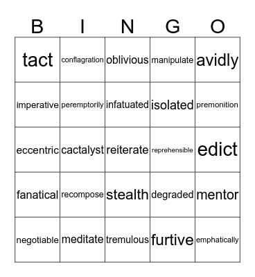 English 10 Vocabulary Bingo Card