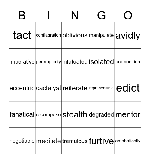 English 10 Vocabulary Bingo Card