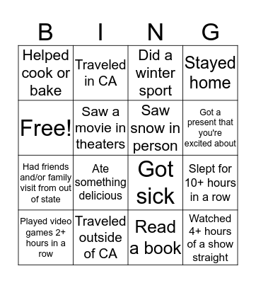 Winter Break Bingo Card