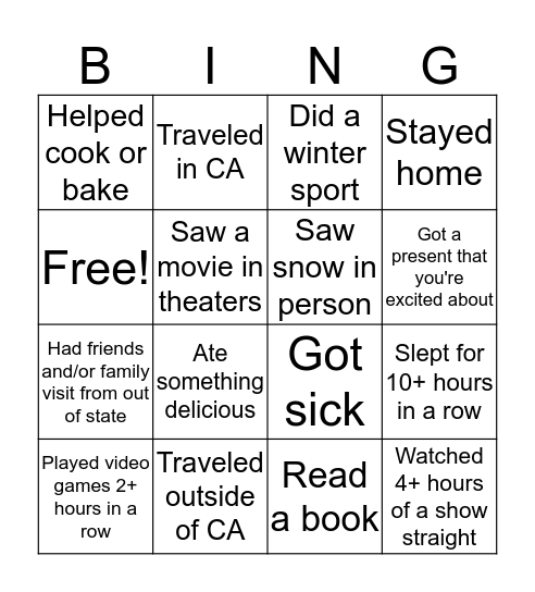 Winter Break Bingo Card