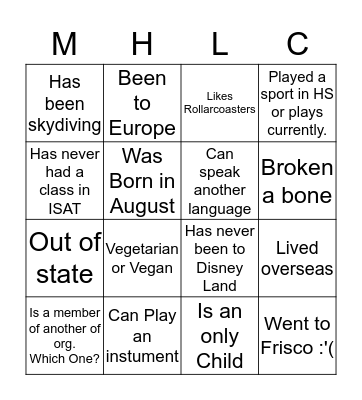 MHLC Bingo Card