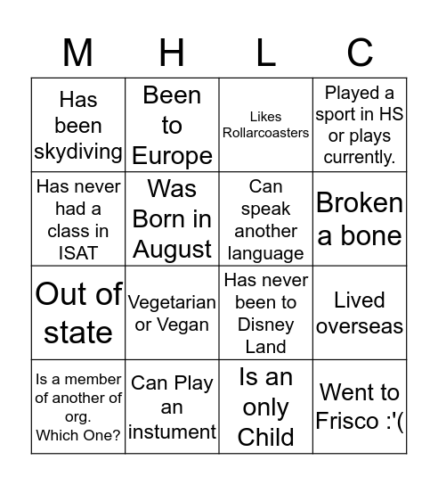MHLC Bingo Card