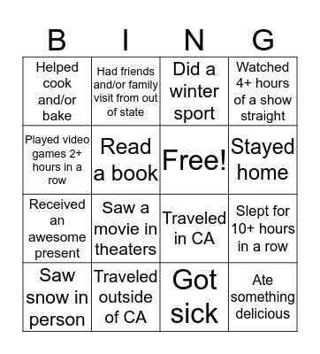 Winter Break Bingo Card