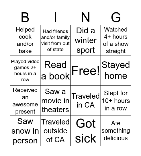 Winter Break Bingo Card