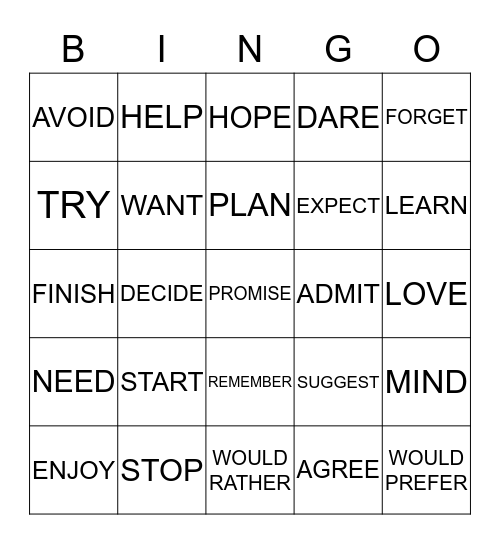 VERB & VERB 1 Bingo Card