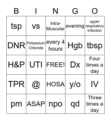 Medical Terminology Bingo Card