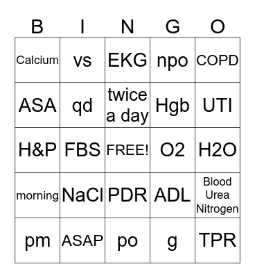 Medical Terminology Bingo Card