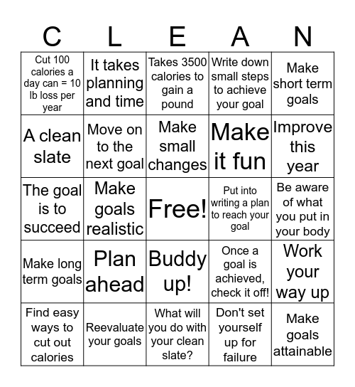 New Year ~ Clean Slate Bingo Card