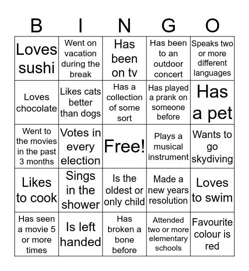 Get to Know Me Bingo Card