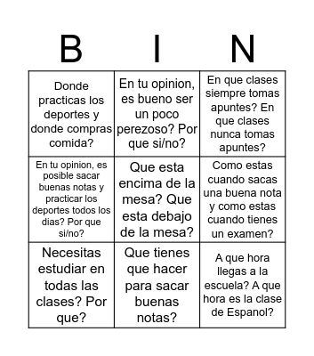 Oral Exam Bingo Unit 2 Bingo Card