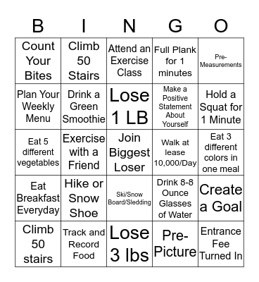 Biggest Loser Bingo Card
