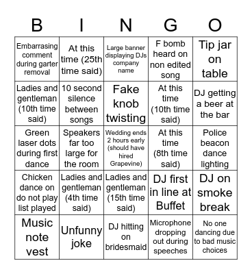Bad/Cheesy Wedding DJ Bingo Card
