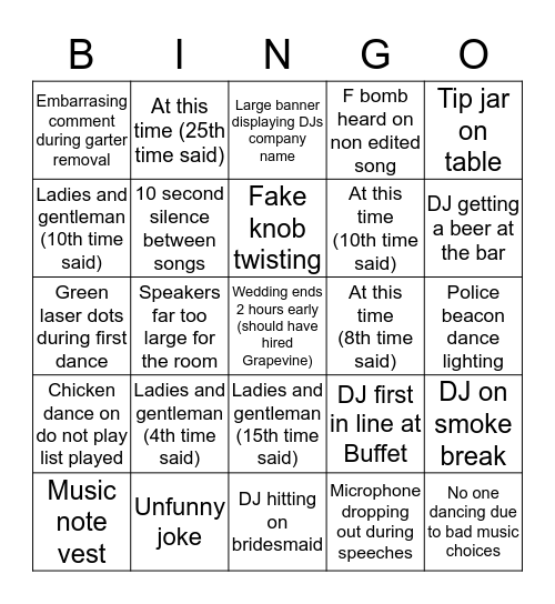 Bad/Cheesy Wedding DJ Bingo Card