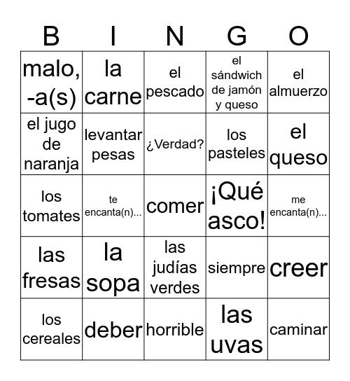 Español 1- Unidad 3 - la comida, las bebidas, la salud Bingo Card