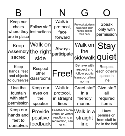 ARRIVAL, ASSEMBLY, HALLWAY & PASSING NORMS Bingo Card
