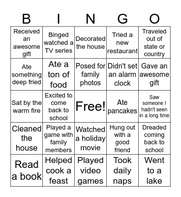 Winter Break Welcome Back Bingo Card