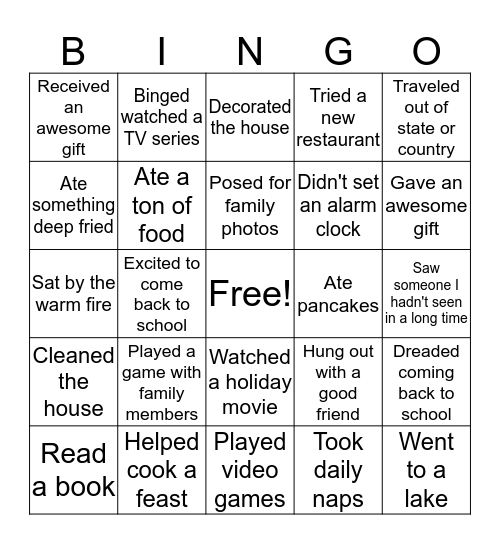 Winter Break Welcome Back Bingo Card