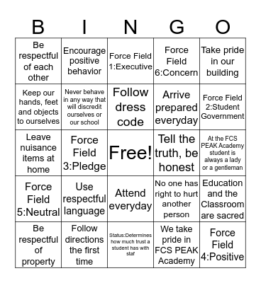 Campus Norms, 5 Basic Behavior Norms, Force Field Bingo Card