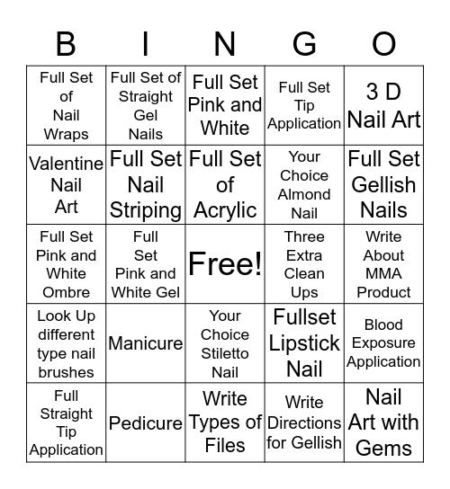 Nail Tech Assignment Sheet Bingo Card