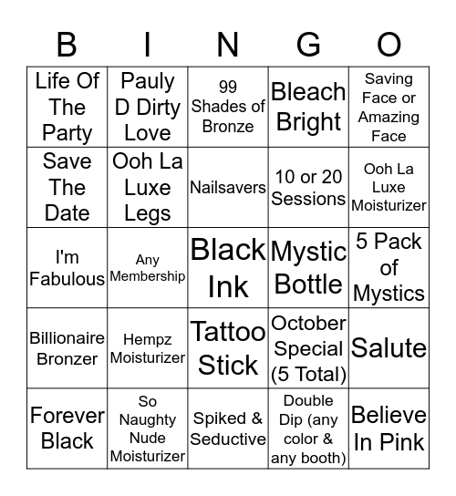 Hollywood Tans October Bingo! Bingo Card