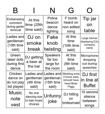 Bad/Cheesy Wedding DJ Bingo Card