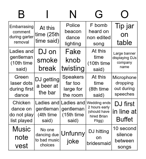 Bad/Cheesy Wedding DJ Bingo Card