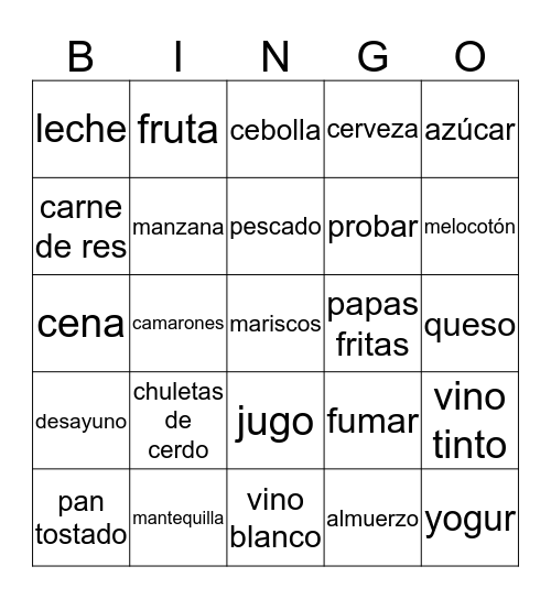 8 La comida Bingo Card