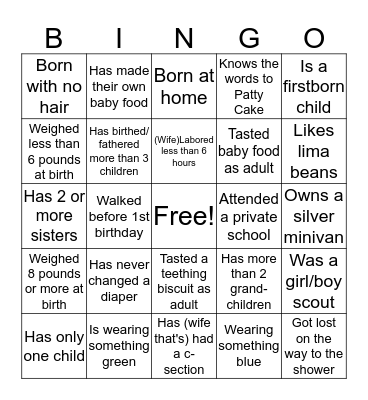 Baby Shower Guest Bingo Card