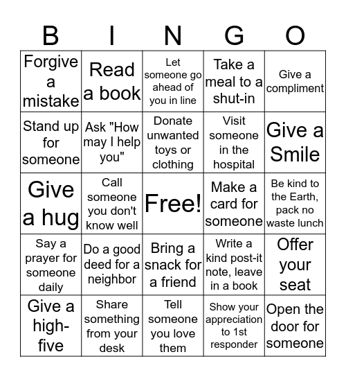 Kindness Bingo Card