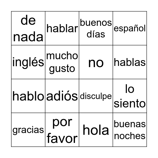 Spanish Common Phrases Duolingo Bingo Card