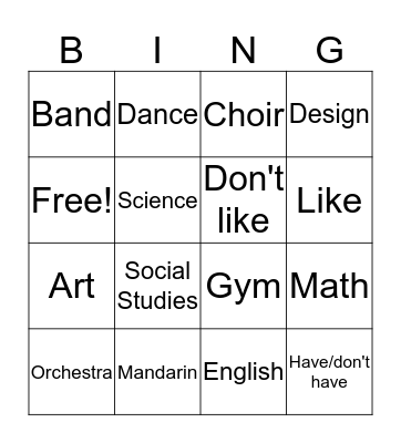 课kè (School subjects) Bingo Card