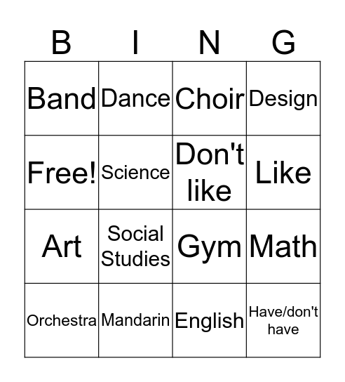 课kè (School subjects) Bingo Card