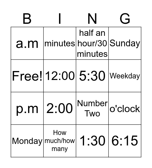 Time & Dates  Bingo Card