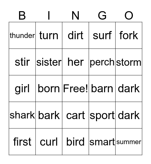 Bossy "R" Words Bingo Card