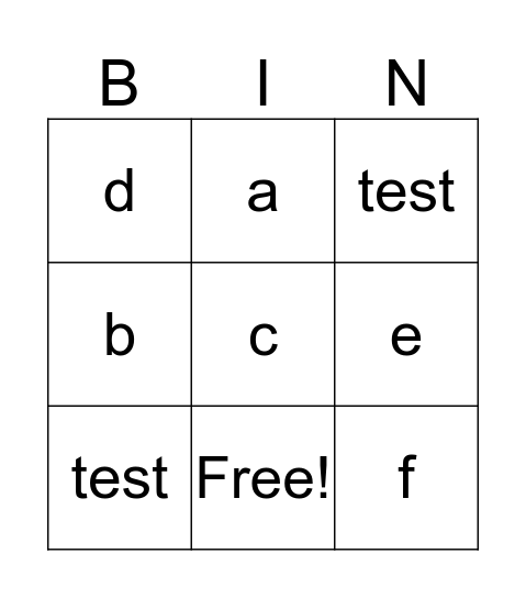 test Bingo Card