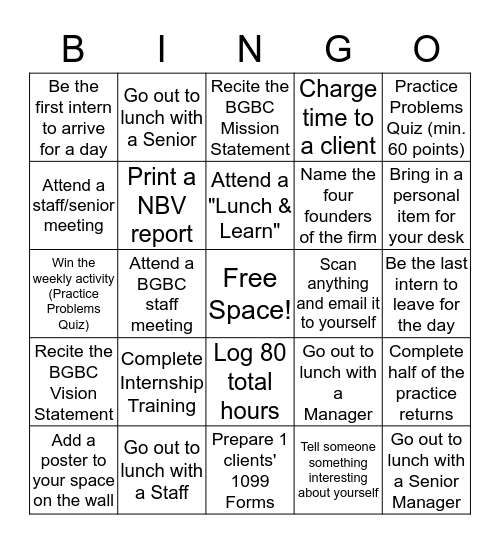 January 8th - January 19th Bingo Card