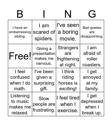 Emotions Bingo Card