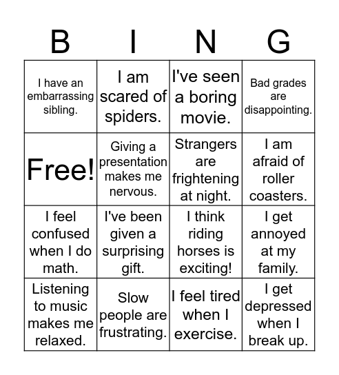Emotions Bingo Card