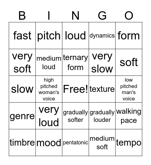Grade 6 Elements of Music Bingo Card