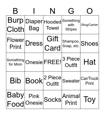 Baby Shower Gifts Bingo Card