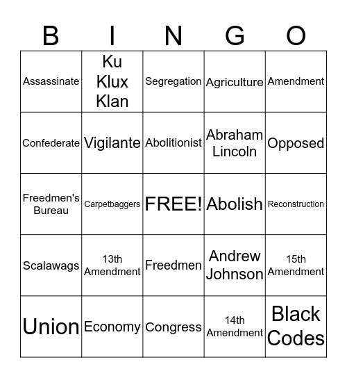 Reconstruction of America Bingo Card