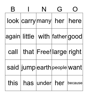 HFW Bingo List 2 Bingo Card