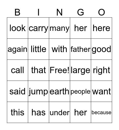 HFW Bingo List 2 Bingo Card