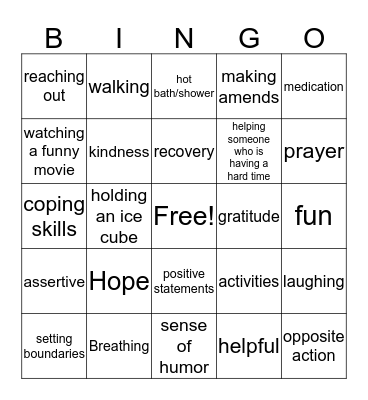 Coping Strategies Bingo Card