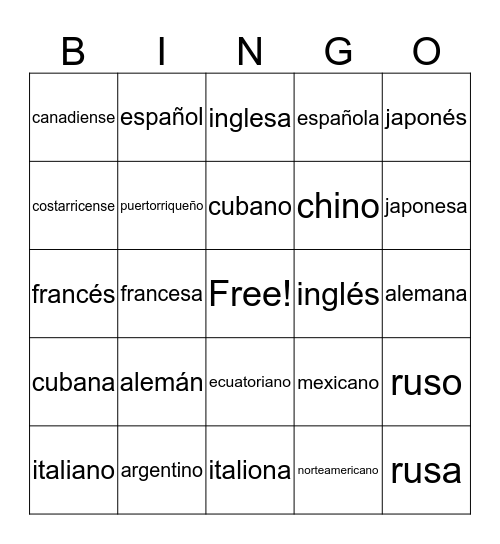Spanish Bingo Card