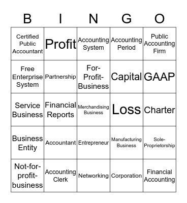 Accounting Chapters 1 and 2 Bingo Card