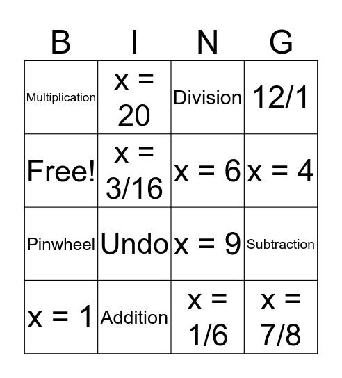 Equations with Fractions Bingo Card